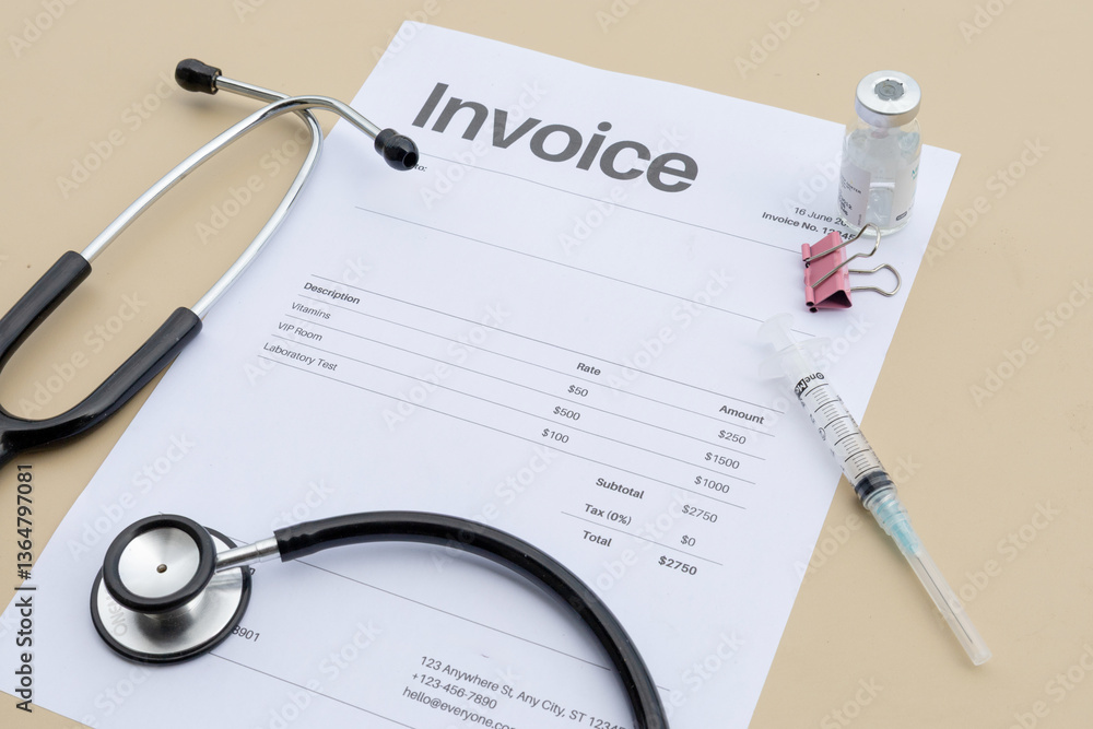 A neatly arranged scene of a medical bill invoice, stethoscope, and money on a desk, depicting the increasing expenses in healthcare. A neatly arranged scene of a medical bill invoice, stethoscope, and money on a desk, depicting the increasing expenses in healthcare.