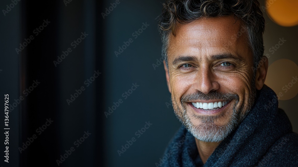 Smiling mature caucasian male in dark sweater with gray hair and beard Smiling mature caucasian male in dark sweater with gray hair and beard