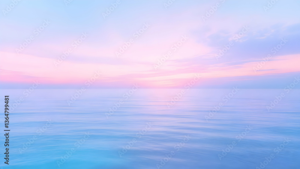 Fototapeta premium Dreamy pastel seascape featuring a soft blend of pink, blue, and purple hues in the sky reflecting gently onto calm water, creating a serene, ethereal, and tranquil mood