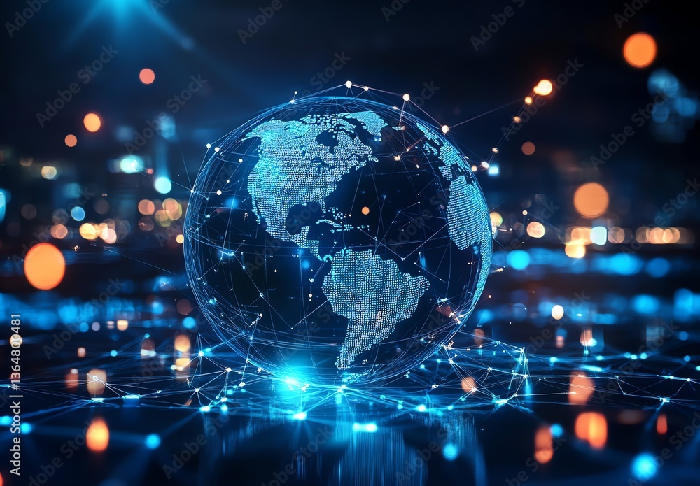 Obraz premium Digital Earth Globe Connecting Network with Glowing Dots and City Background