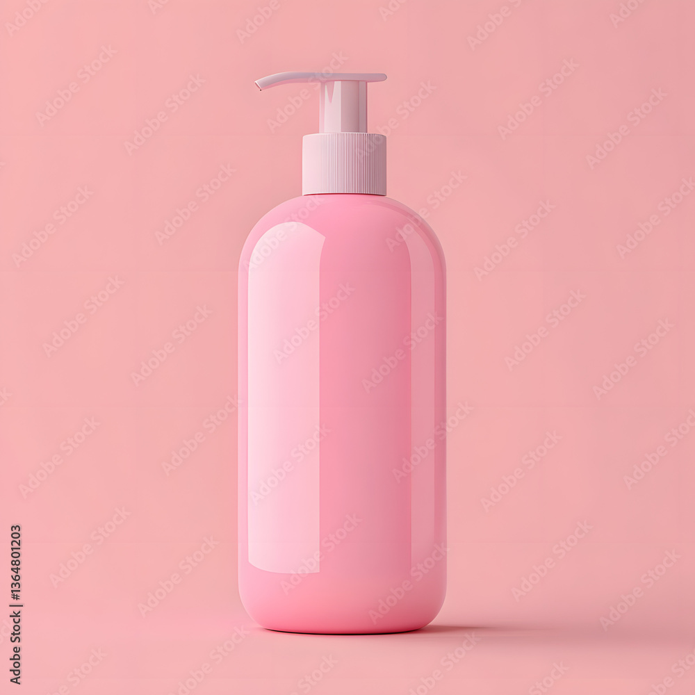A realistic pink-toned shampoo bottle standing against a plain background A realistic pink-toned shampoo bottle standing against a plain background
