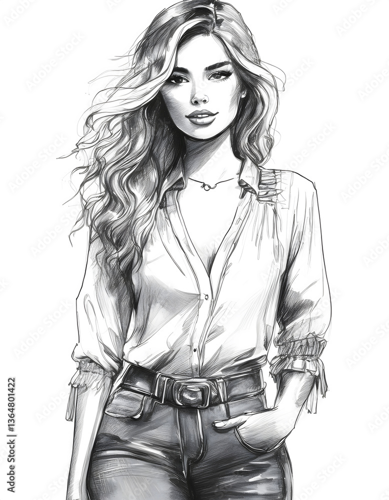 A young woman with long wavy hair poses in a black and white fashion illustration A young woman with long wavy hair poses in a black and white fashion illustration