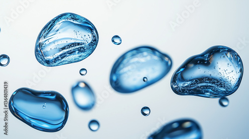 Obraz na plátne Blue water droplets floating in the air, white background, product photography,
