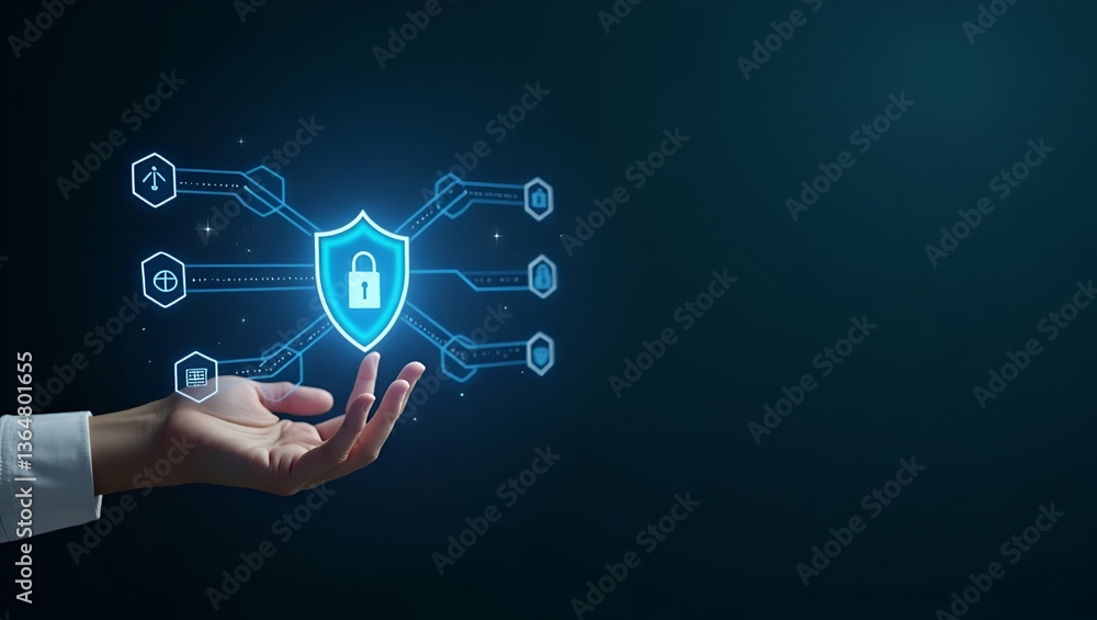 Hand interacting with holographic two factor authentication device showing shield 2FA secure access icons in empty space concept as Hand interacts with holographic two factor authentication device dis Hand interacting with holographic two factor authentication device showing shield 2FA secure access icons in empty space concept as Hand interacts with holographic two factor authentication device dis