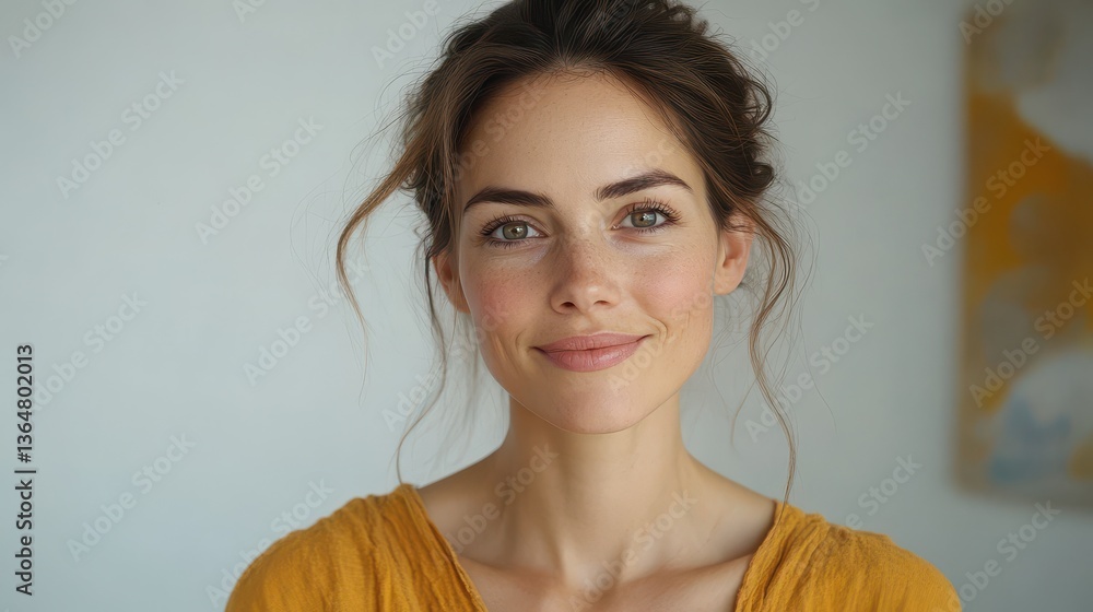 Smiling young caucasian female in yellow blouse Smiling young caucasian female in yellow blouse