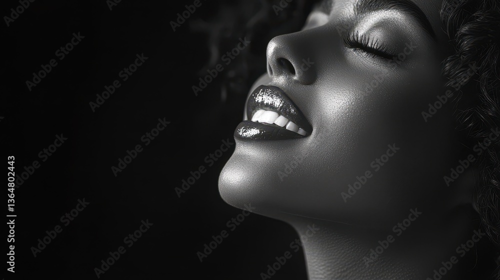 Elegant profile of smiling young african female in black and white Elegant profile of smiling young african female in black and white