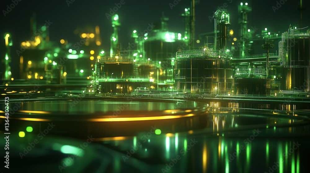 Obraz premium Futuristic Green Refinery: A Nighttime Digital Rendering