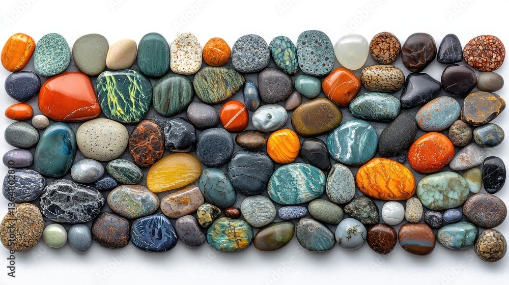 Colorful, polished stones arranged in a rectangular pattern against a white background Colorful, polished stones arranged in a rectangular pattern against a white background