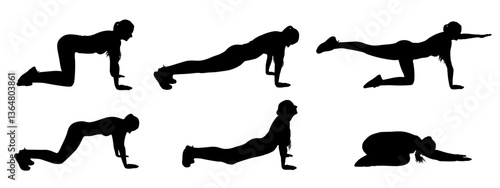 Silhouettes of a woman practicing various yoga and pilates exercises. Vector illustration