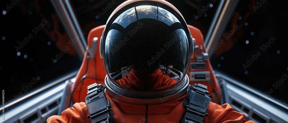 Close-up of the back of an astronaut's helmet. the helmet is orange in color and has a round visor that covers the entire face. the visor is transparent, allowing the viewer to see the planet inside. Close-up of the back of an astronaut's helmet. the helmet is orange in color and has a round visor that covers the entire face. the visor is transparent, allowing the viewer to see the planet inside.