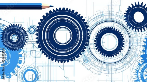 Engineering design gears industrial workshop digital illustration blueprint style technical perspective mechanical concepts