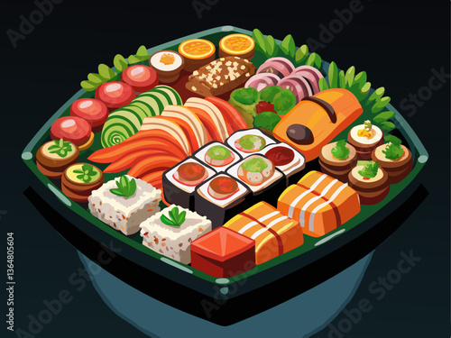 A beautifully arranged sushi platter, placed on a black background