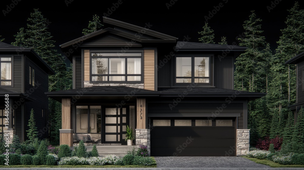 Modern dark home exterior at dusk with trees behind. Ideal real estate promo, construction Modern dark home exterior at dusk with trees behind. Ideal real estate promo, construction