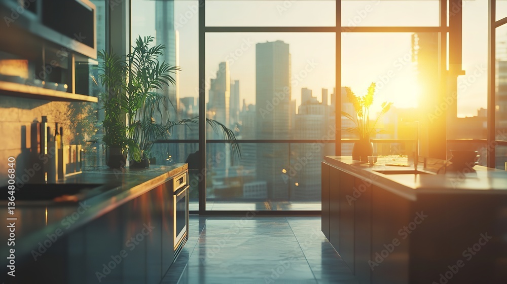 Fototapeta premium Modern Kitchen Interior with Wooden Cabinets and Dining Table