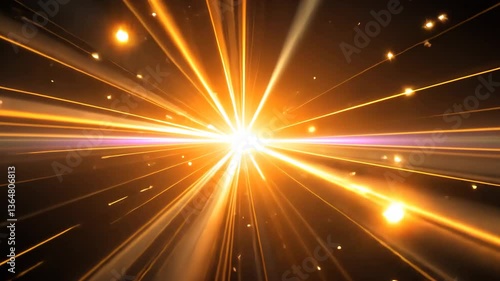 Abstract Golden Light Rays Bursting From Central Bright Point with Sparkling Particles on Black Background