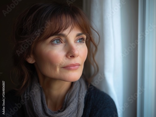 Thoughtful Adult Woman in Contemplation by the Window: Natural Light and Beauty