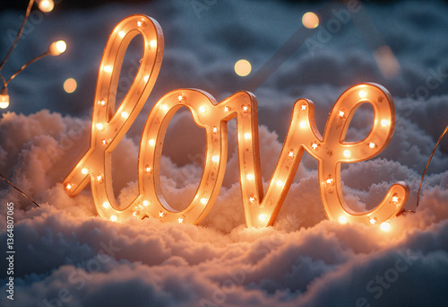 illuminated love sign glowing in snow at night  