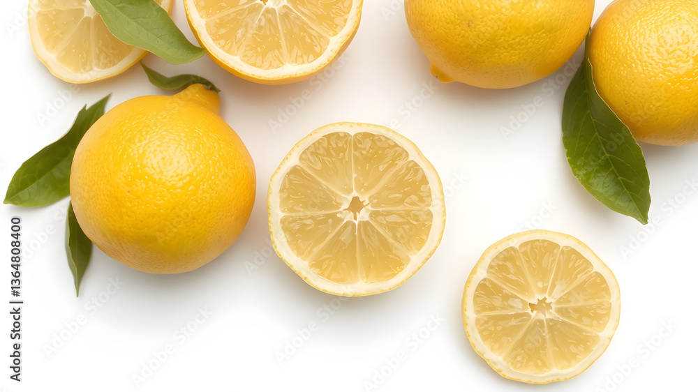Ripe lemon with half isolated on white background with full depth of field. Top view. Flat lay Ripe lemon with half isolated on white background with full depth of field. Top view. Flat lay