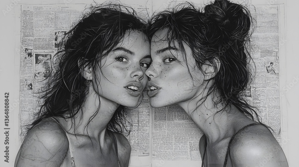 Fototapeta premium Twin women portrait, close-up, newspaper background