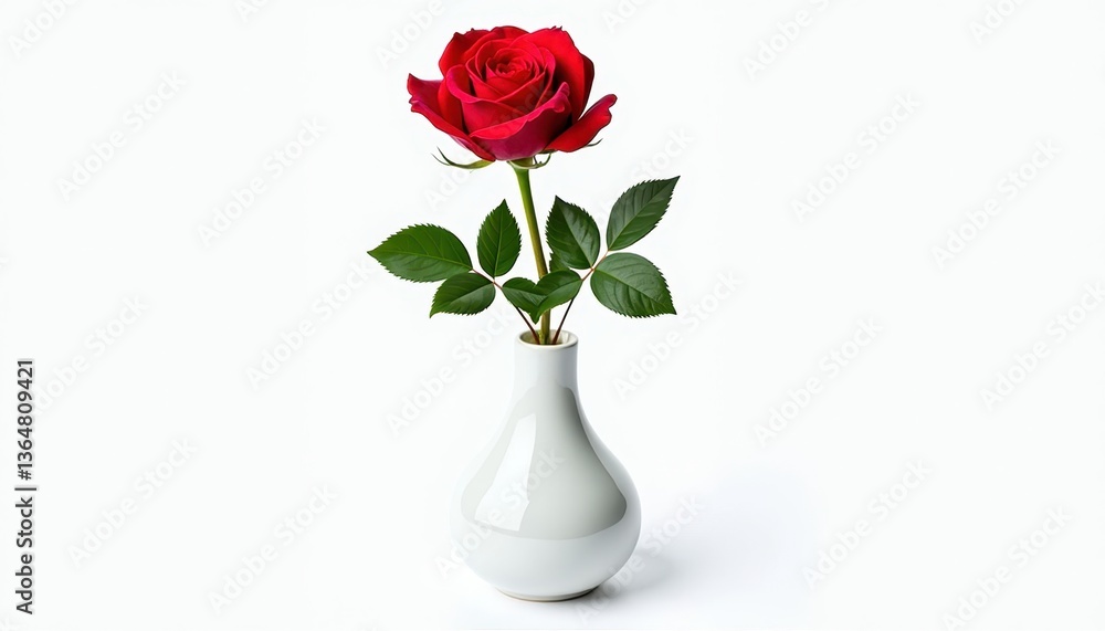 Fototapeta premium Single Red Rose in White Ceramic Vase on White Background