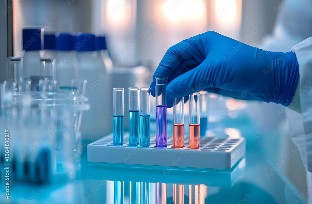 Hands in blue gloves work with test tubes, vials in medical research lab. Scientist conducts experiment, analysis in sterile environment. Healthcare, biotechnology, pharmaceutical industry, medicine