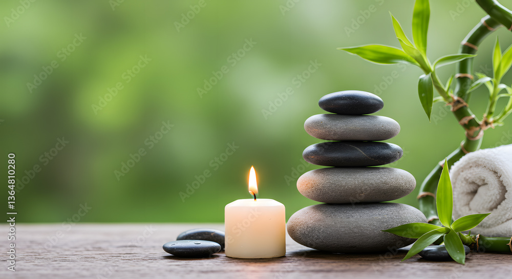 Obraz premium Serene Spa Still Life: Stacked Stones, Bamboo, Candle, and Rolled Towel