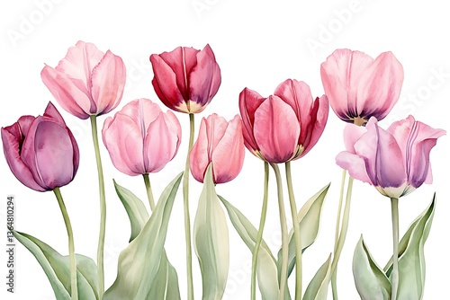 Watercolor Pink Tulip Illustration – Botanical Floral Art with Soft Gradients & Realistic Details