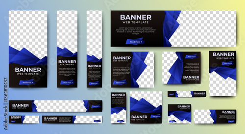 Set bundle of ads banner template design with black and blue background. vector	