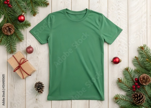 Blank Green T-Shirt for mockup design on Christmas background