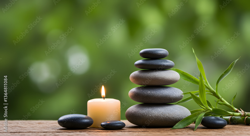 Obraz premium Serene Spa Still Life: Balanced Stones, Lit Candle, Bamboo Sprig