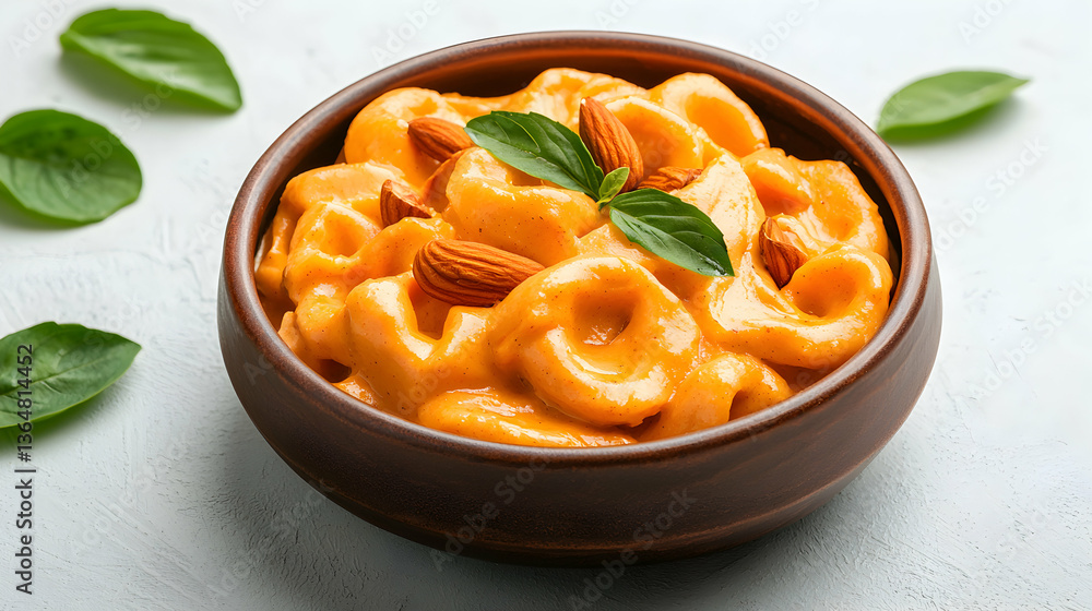 Creamy Tortellini with Almonds and Basil in a Brown Bowl Creamy Tortellini with Almonds and Basil in a Brown Bowl