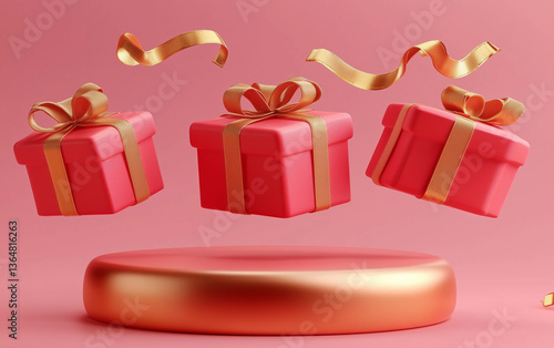 Pink Gift Boxes with Gold Ribbons Floating Above a Golden Platform