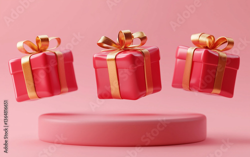 Three Red Gift Boxes with Gold Ribbons Floating Above a Pink Pedestal