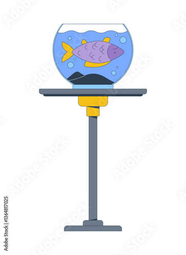 Dead fish floating in round fishbowl placed on table stand 2D cartoon object. Aquarium pet neglect, loss. Tragedy goldfish fishtank isolated element flat vector clip art on white. Spot illustration
