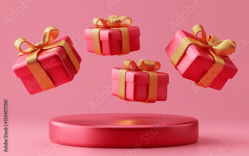 Pink Gift Boxes with Gold Ribbons Floating Above a Matching Podium