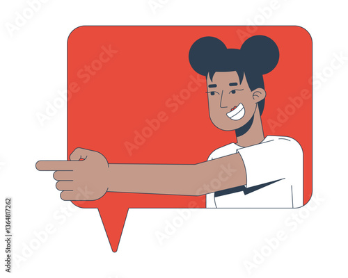Laughing black woman pointing left in speech bubble 2D cartoon character. Mocking teasing grinning african american female text message flat vector person isolated on white. Spot illustration colorful