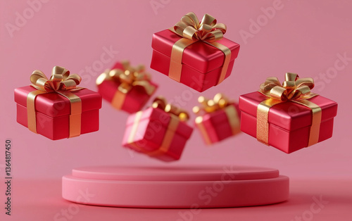 Red Gift Boxes with Gold Ribbons Floating Above a Pink Pedestal