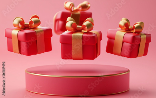 Red Gift Boxes with Gold Ribbons Floating Above a Pink Display Podium.