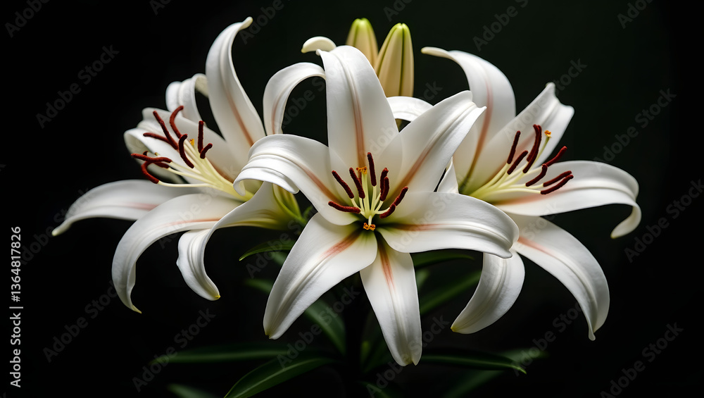Fototapeta premium Elegant White Lilies in Full Bloom – Stunning Floral Photography with Dark Background