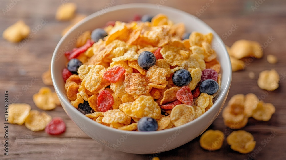 Cornflakes cereal with dried fruit and blueberries filling a white bowl for a healthy breakfast Cornflakes cereal with dried fruit and blueberries filling a white bowl for a healthy breakfast