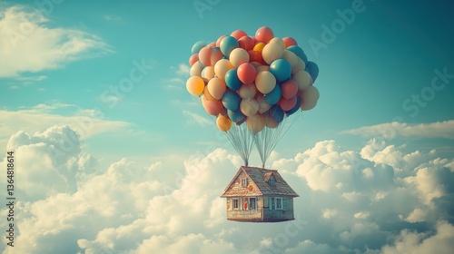 Whimsical floating house with colorful balloons ascending above the clouds