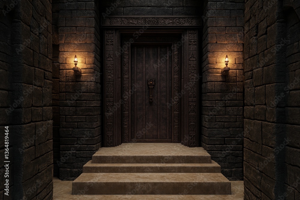 Obraz premium A minimalist dungeon entrance, a simple stone doorway with a single torch burning beside it