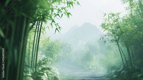 Misty bamboo forest path leading toward distant mountain peaks