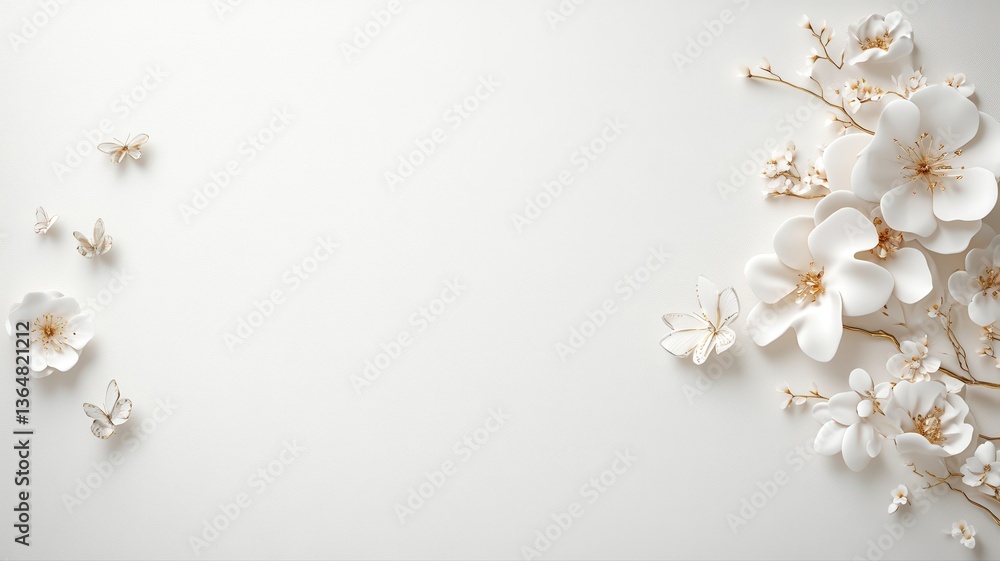 Elegant white flowers and butterflies on a soft background, perfect for a minimalist design or spring theme. Elegant white flowers and butterflies on a soft background, perfect for a minimalist design or spring theme.