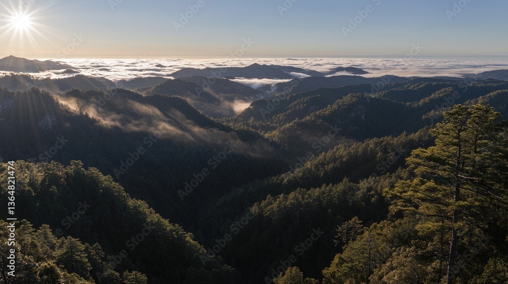 Obraz premium Sunrise Over Misty Mountain Ranges: A Breathtaking Panoramic View