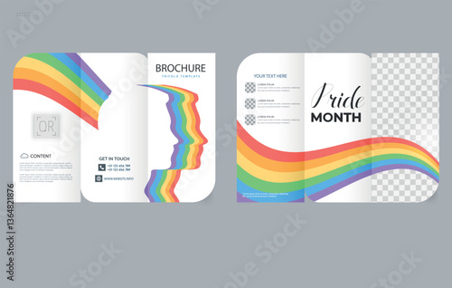 Trifold LGBT Brochure Template with Colorful Ribbon Wave Design. Flyer Mockup.