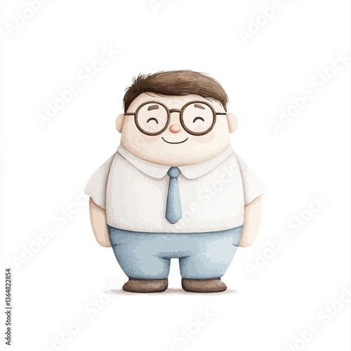 Cute Cartoon Character: A cheerful cartoon character with glasses, wearing a shirt and tie, stands smiling friendly. A captivating and simple illustration.