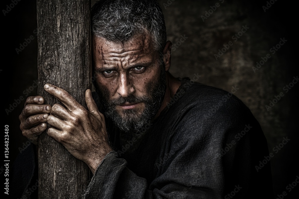 A powerful moment of Jesus carrying the cross, with sweat and determination on his face A powerful moment of Jesus carrying the cross, with sweat and determination on his face