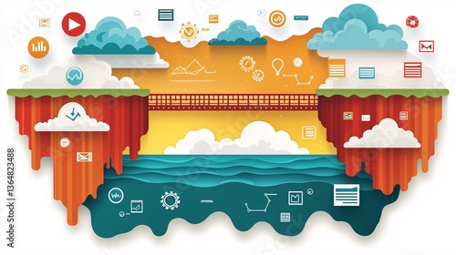 Abstract bridge between clouds and ocean with icons and graphics