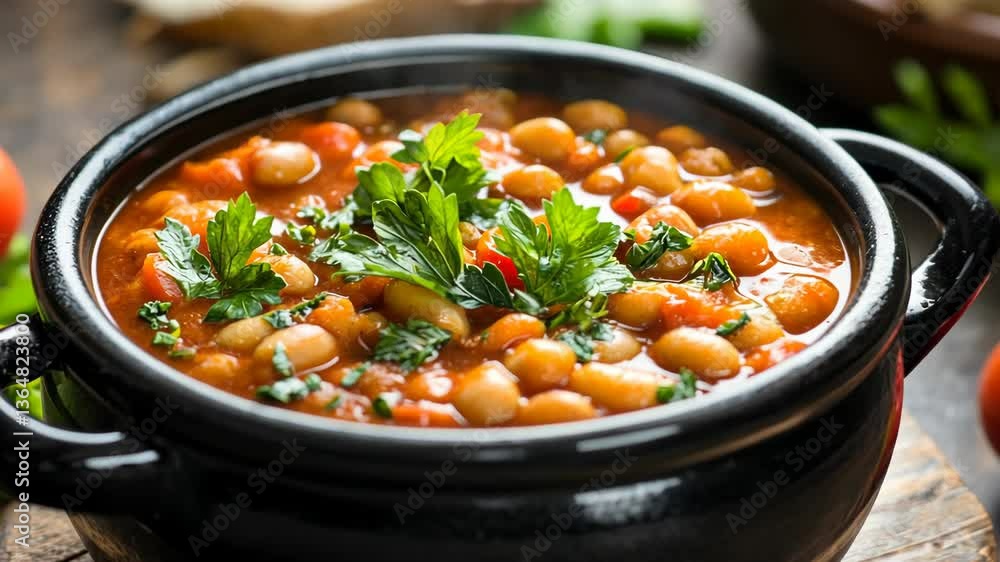 Delicious bean stew with vegetables served in a black pot on a rustic wooden table in a cozy kitchen setting Delicious bean stew with vegetables served in a black pot on a rustic wooden table in a cozy kitchen setting